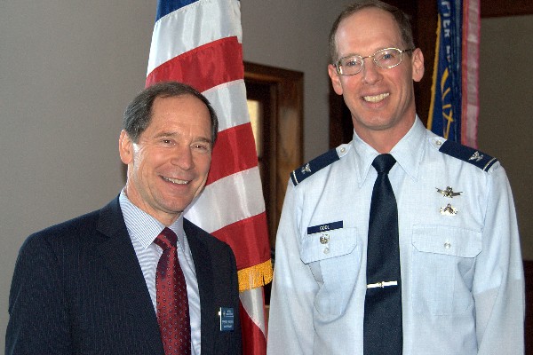 Spencer Bauer, chapter president, thanks the chapter’s March guest speaker, Col. Douglas E. Cool, USAF, deputy director, Space Superiority Systems Directorate, Los Angeles Air Force Base, California.